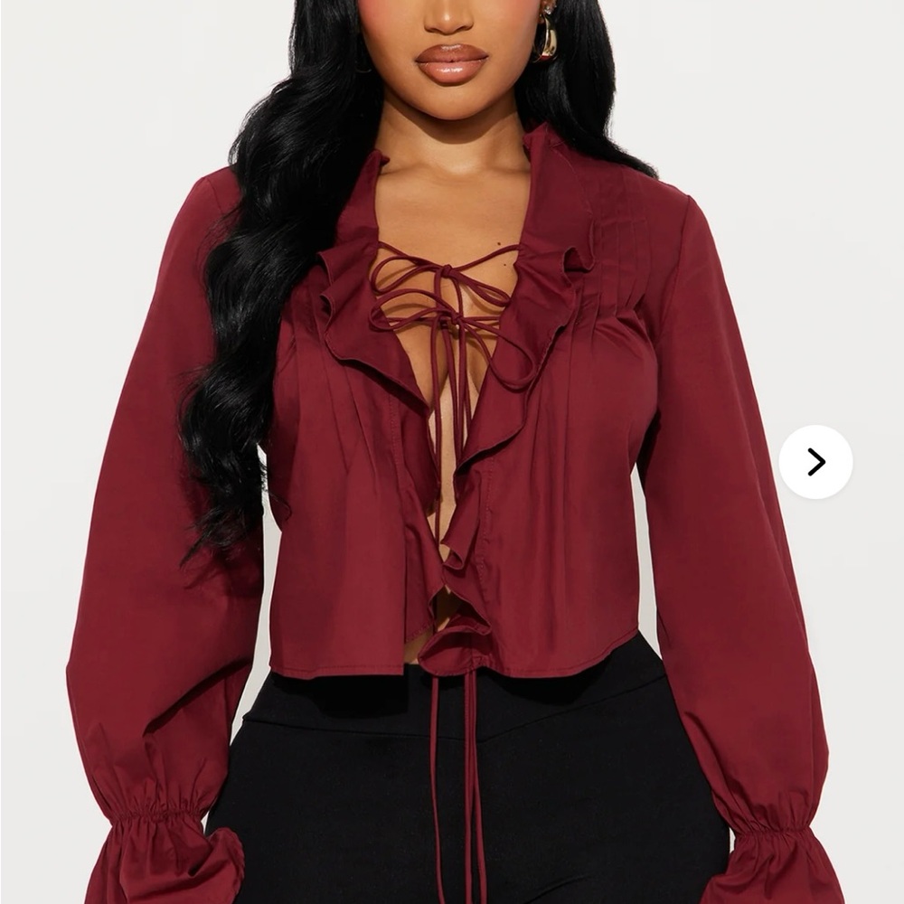 Fashion Nova Burgundy Ruffle Lace-Up Blouse